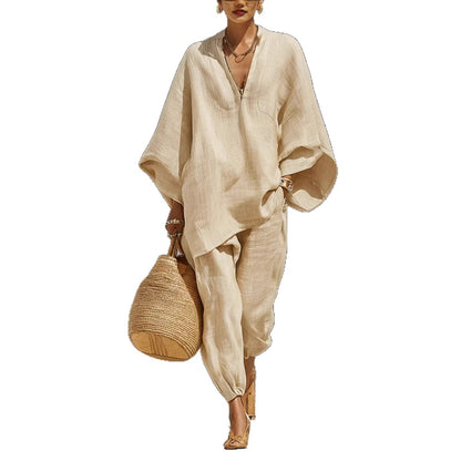 Women's Linen Blend Batwing V-Neck Two Piece Set