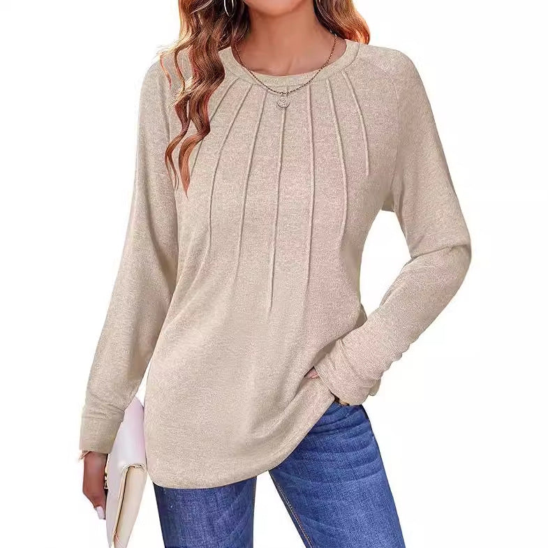 Women's Pleated Crew Neck Long Sleeve Casual Top