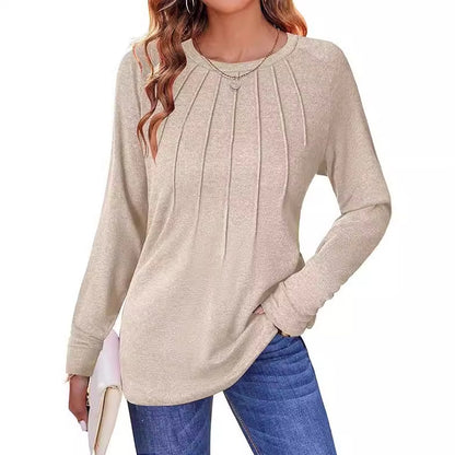 Women's Pleated Crew Neck Long Sleeve Casual Top