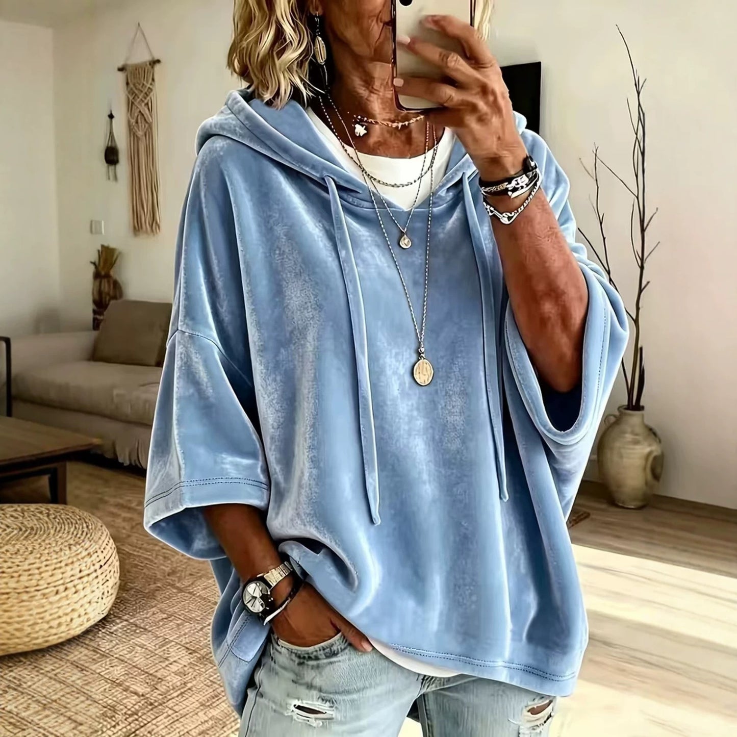 Women’s Velvet Hooded Poncho Top Oversized 3/4 Sleeve