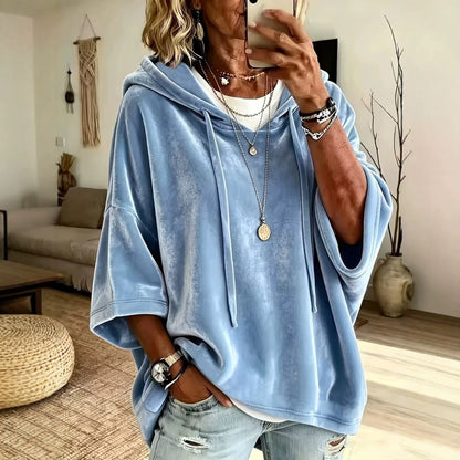 Women’s Velvet Hooded Poncho Top Oversized 3/4 Sleeve