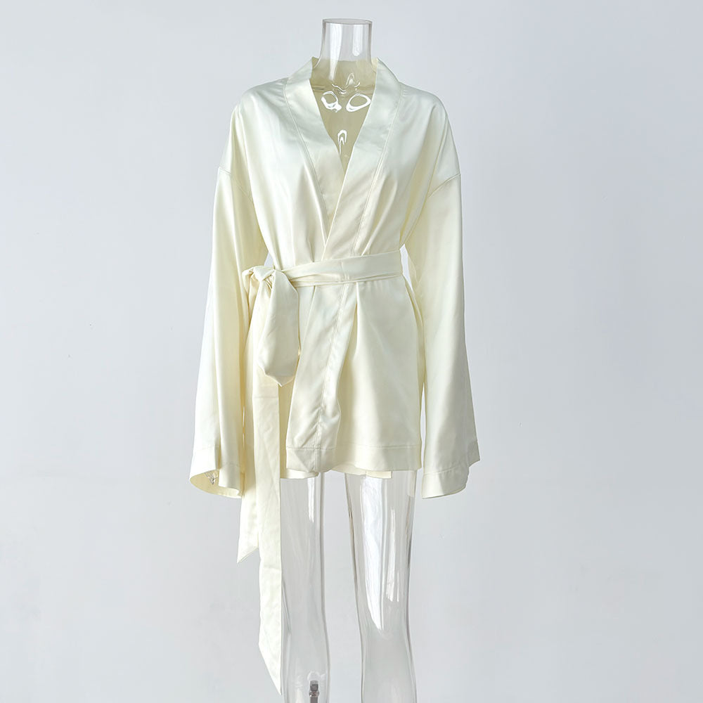 Sexy Satin V-Neck Tie Waist Long Sleeve Mini Dress