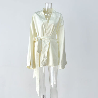 Sexy Satin V-Neck Tie Waist Long Sleeve Mini Dress