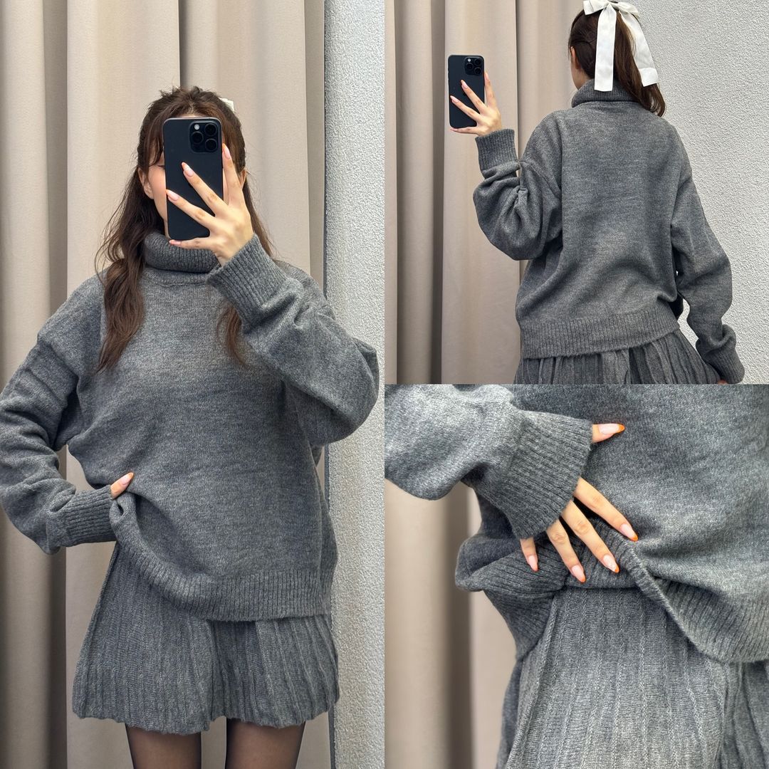 Oversized Turtleneck Sweater Skirt Two Piece Set