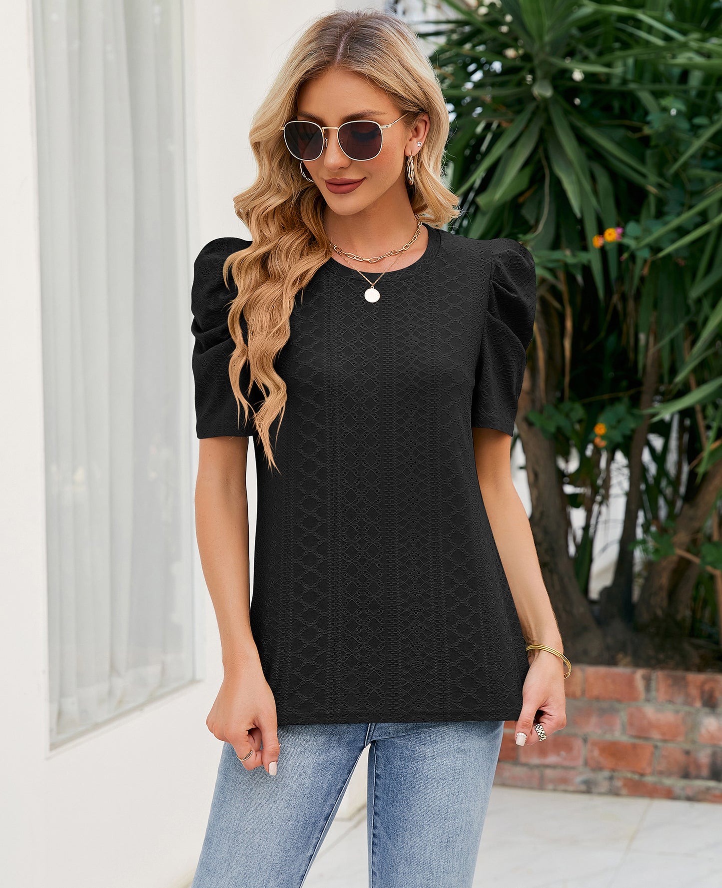 Loose Fit Ruched Sleeve Lace Knit T-Shirt for Women
