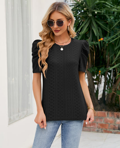 Loose Fit Ruched Sleeve Lace Knit T-Shirt for Women