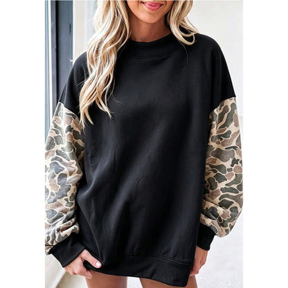 Oversized Camo Sleeve Mock Neck Fleece Sweatshirt