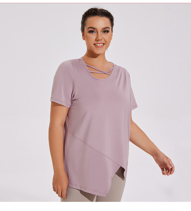 Plus Size Irregular Cross-neck Yoga Quick-drying Short-sleeved T-shirt Elastic Fitness Clothes