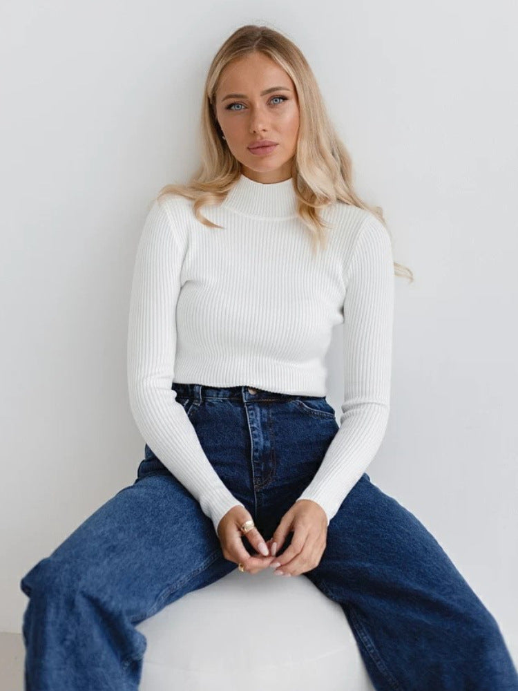 Women's Ribbed Mock Neck Long Sleeve Fitted Knit Top
