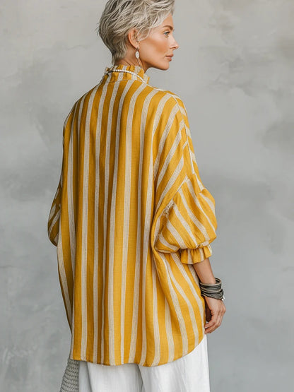 Women's Oversized Striped Blouse Balloon Sleeve Tunic Top