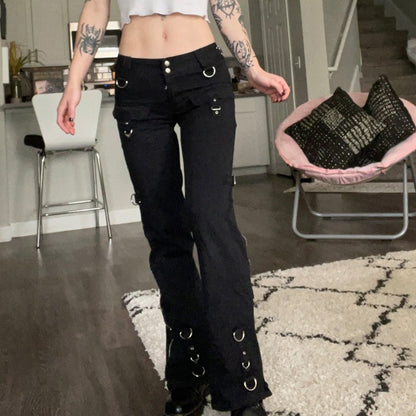 Women's Low Rise Cargo Pants Black Straight Leg Y2K Zipper