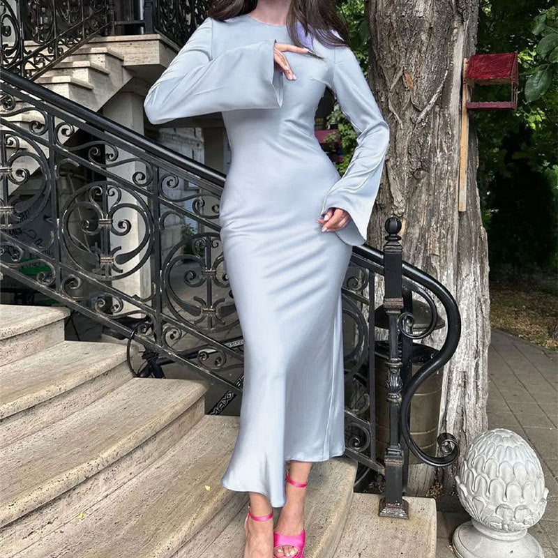 Women's Elegant Long Sleeve Solid Maxi Dress Casual