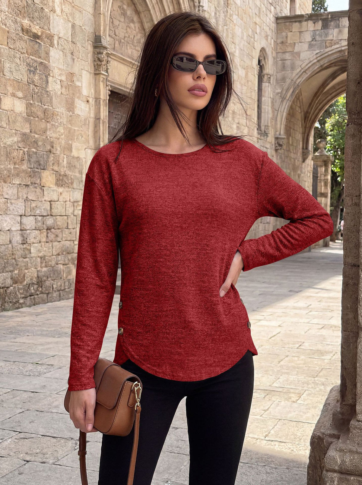 Women's Oversized Side Button Long Sleeve Tunic Top