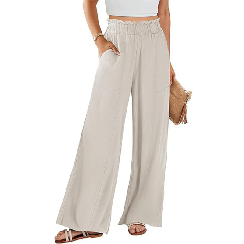 Women's High-Waisted Wide-Leg Linen Pants – Casual Summer Beach Trousers