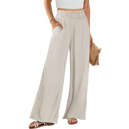 Women's High-Waisted Wide-Leg Linen Pants – Casual Summer Beach Trousers