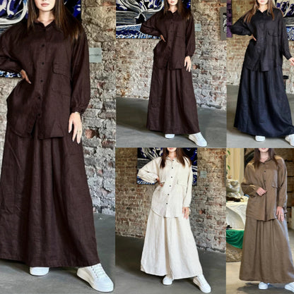 Plus Size Cotton Linen Button Shirt Long Skirt Set