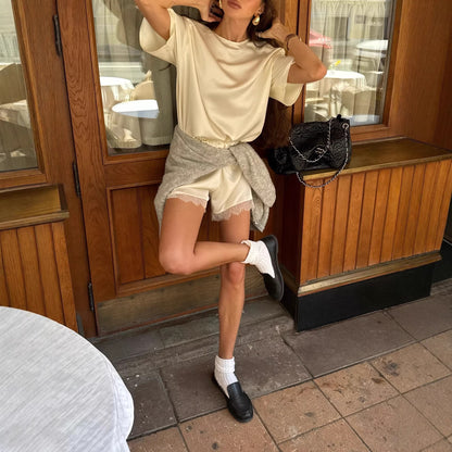 Glossy Round Neck T-Shirt & Lace Shorts Set – Casual Chic