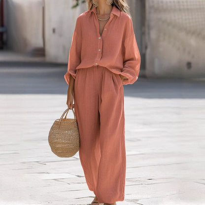 Women's Cotton 2 Piece Set Button Down Shirt Wide Leg Pants