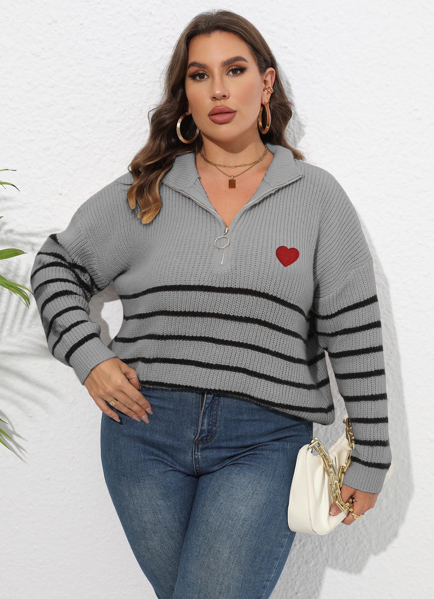 Women's Striped Splicing Love Zipper Pullover Sweater