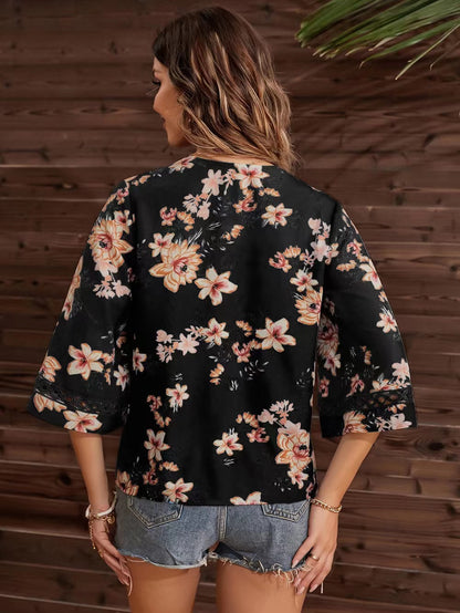 Women's Floral Lace V-Neck Bell Sleeve Boho Summer Blouse