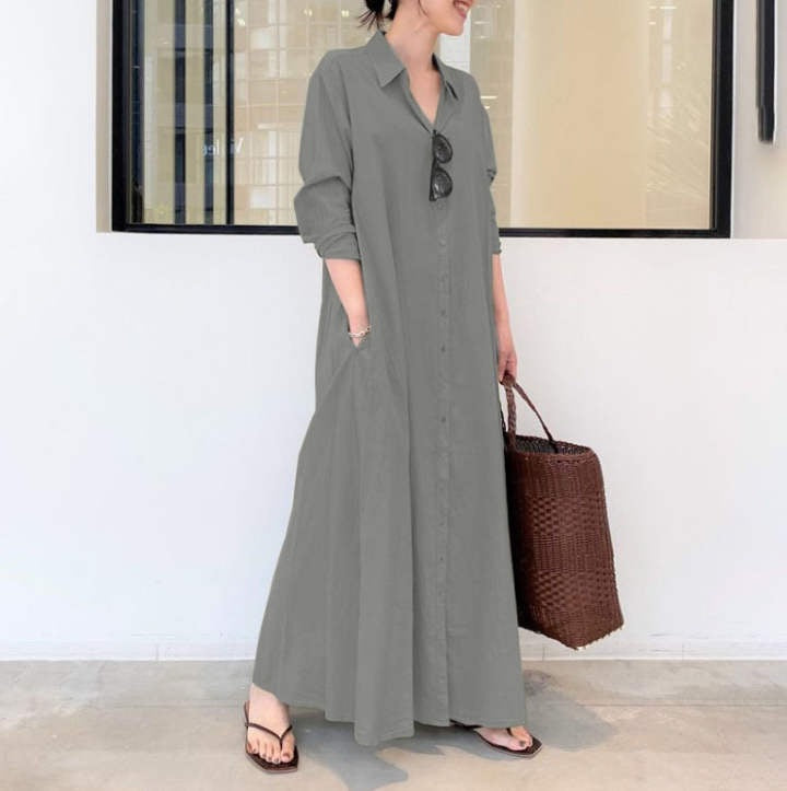 Women's Cotton Linen Maxi Shirt Dress Long Sleeve Pockets