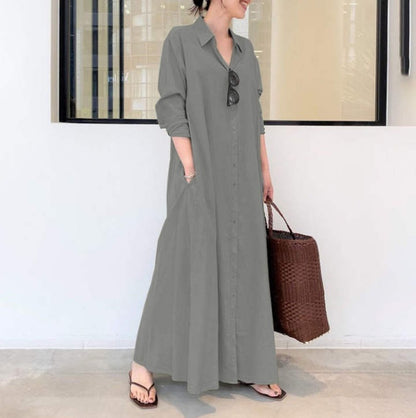 Women's Cotton Linen Maxi Shirt Dress Long Sleeve Pockets