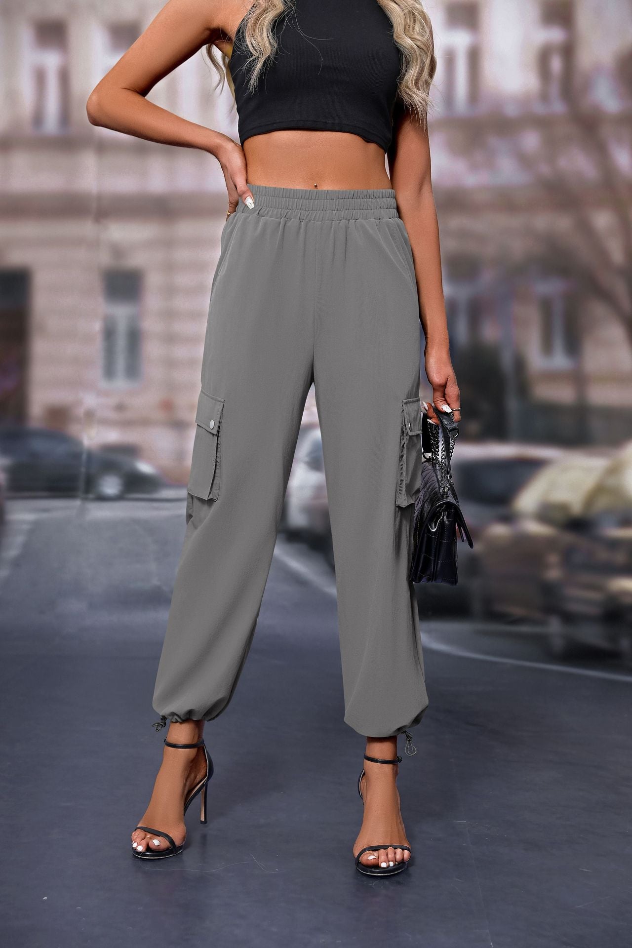 Women's High-Waisted Drawstring Cargo Pants, Baggy Parachute Utility Trousers