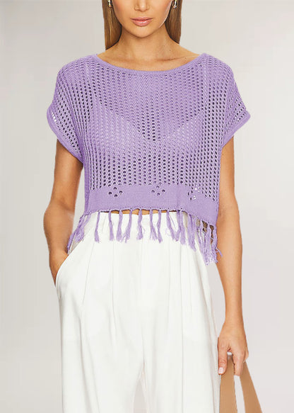 Fringe Knit Top Hollow Out Cropped Beach Cover Up