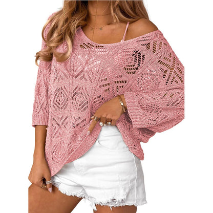Boho Crochet Cover Up V Neck Beach Knit Sweater
