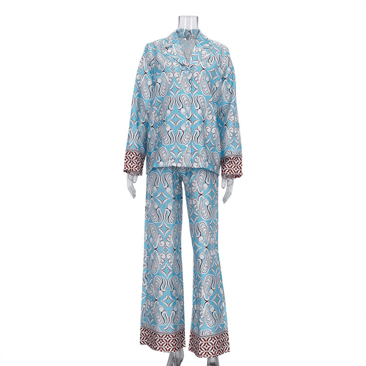 Women Satin Printed Shirt Wide Leg Pants Two Piece Set