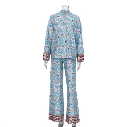 Women Satin Printed Shirt Wide Leg Pants Two Piece Set