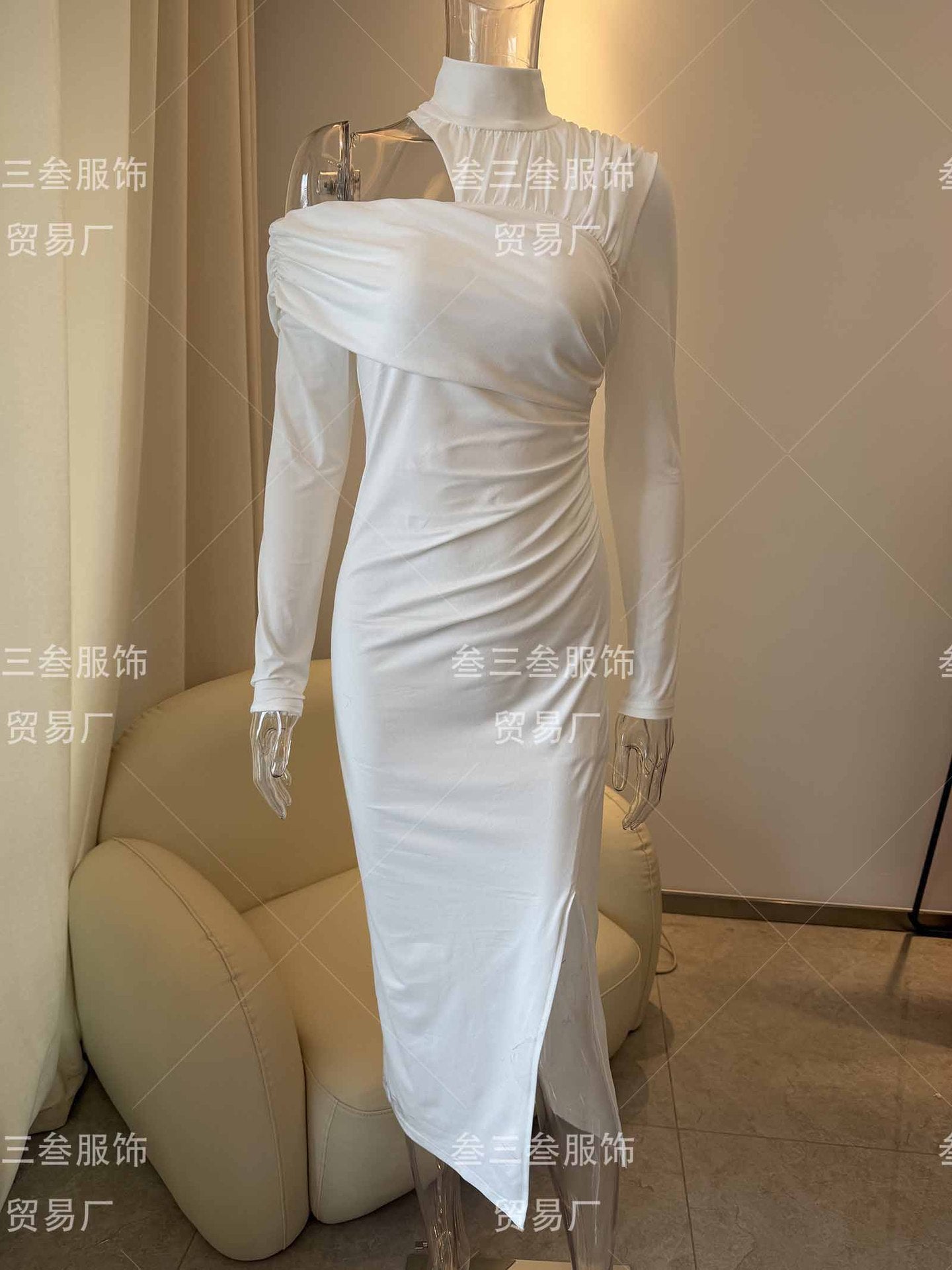 Ruched Off Shoulder Mock Neck Slit Midi Dress
