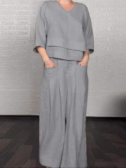 Plus Size Asymmetric Solid Matching Set Wide Leg Pants