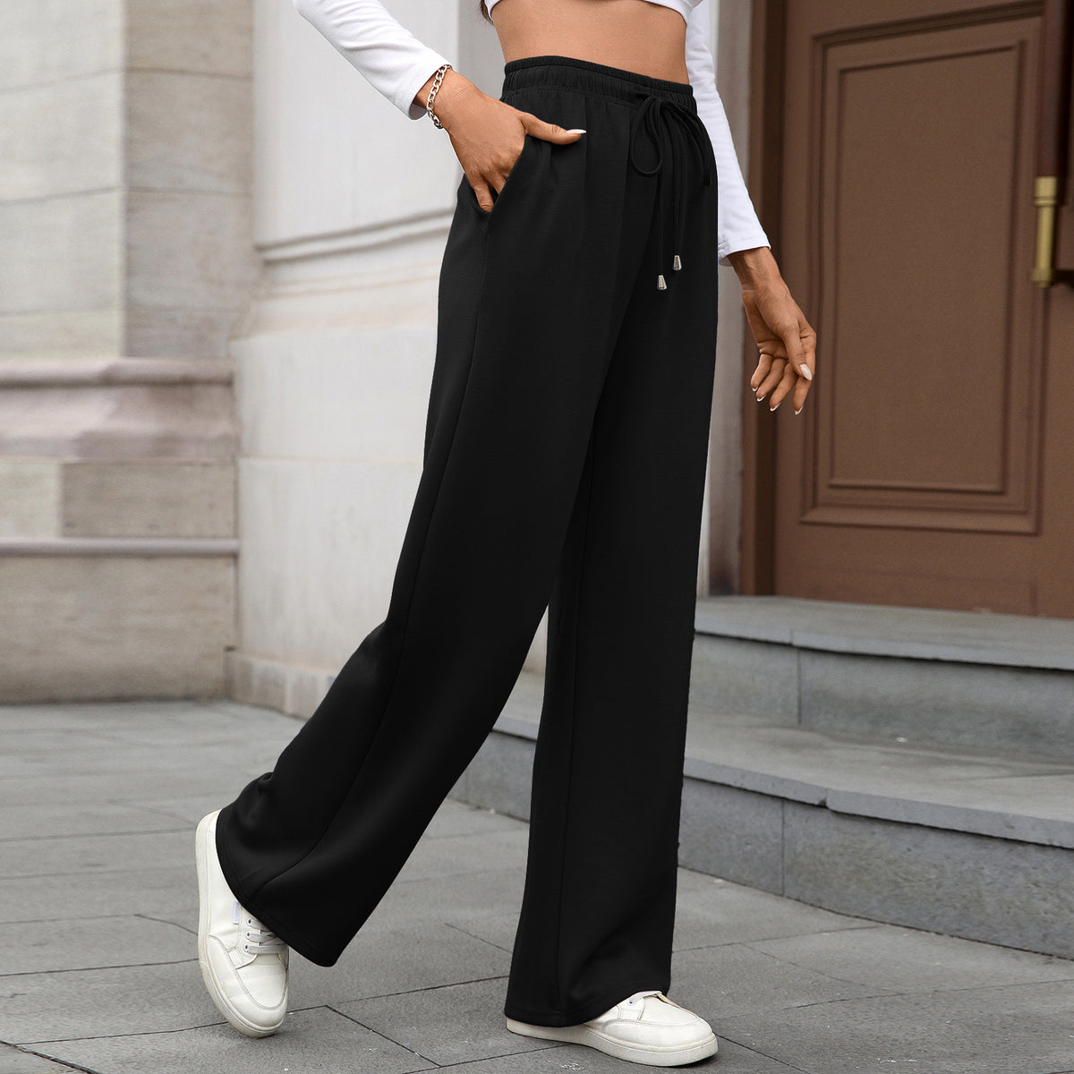 Womens Wide Leg Pants Elastic Waist Drawstring Pockets