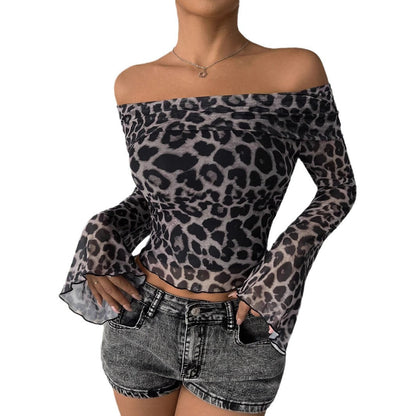 Sexy Off Shoulder Leopard Mesh Bell Sleeve Crop Top