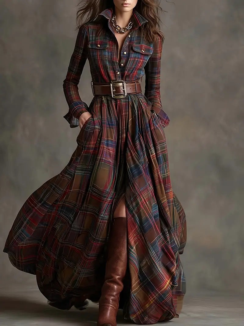Plaid Belted Maxi Shirt Dress Long Sleeve Vintage