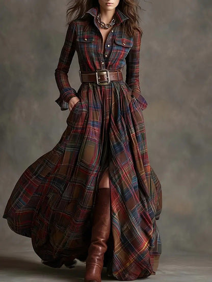 Plaid Belted Maxi Shirt Dress Long Sleeve Vintage