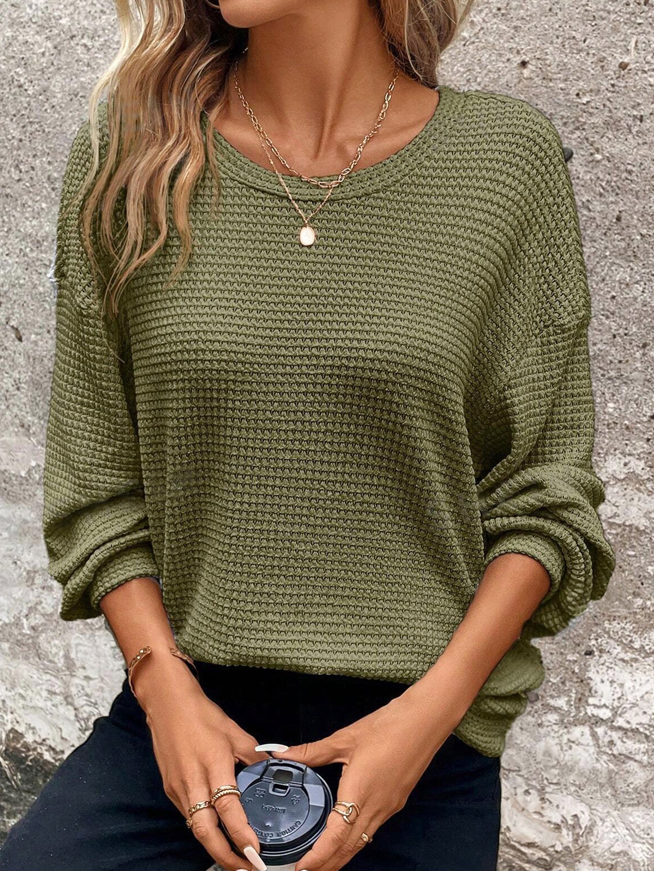 Plus Size Waffle Knit Long Sleeve Pullover Top