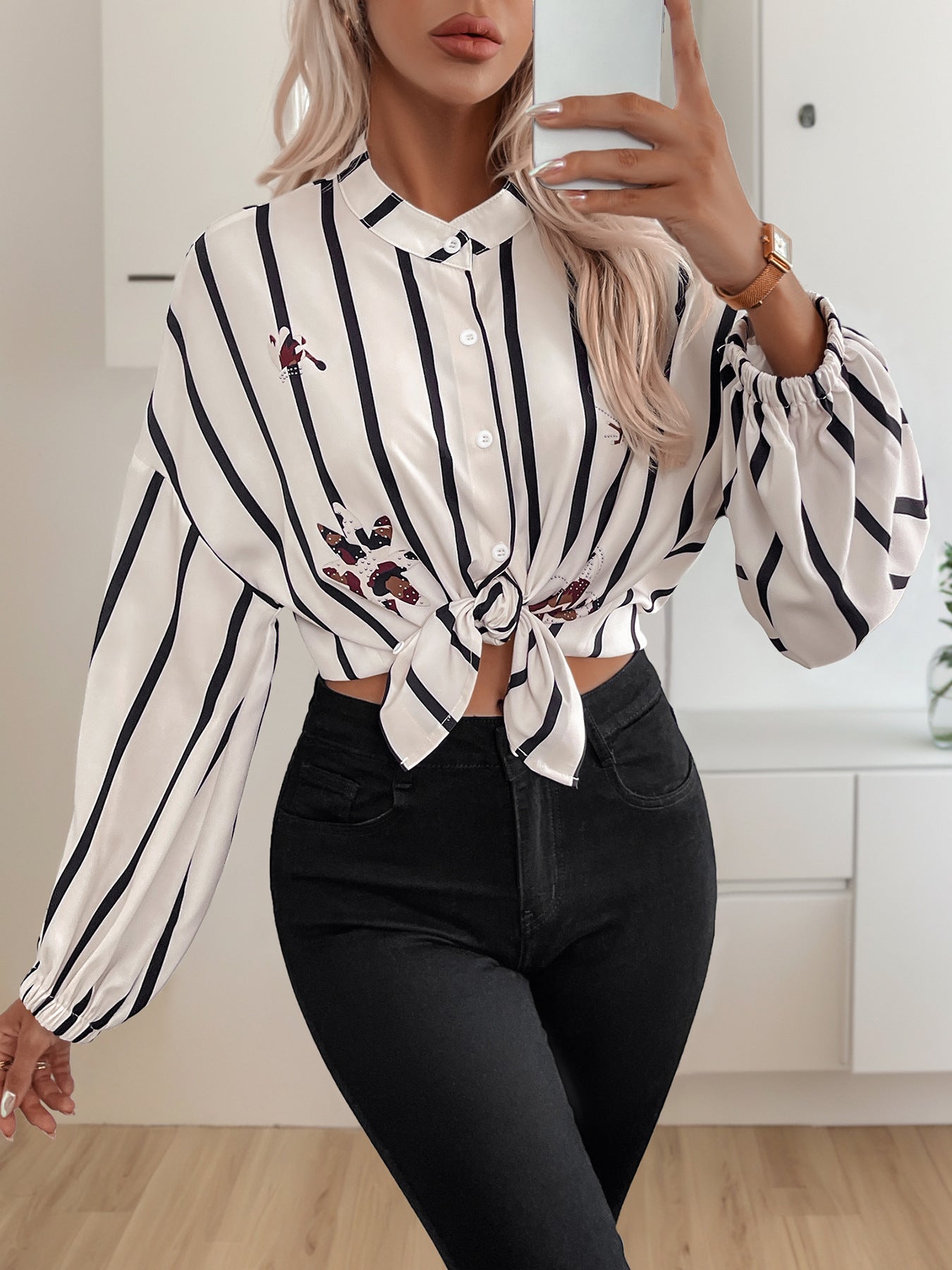 Stand-up Collar Long-sleeved Cardigan Top Striped Print Shirt