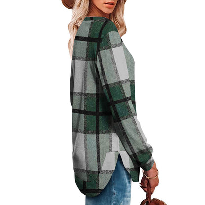 Women's Oversized Plaid Long Sleeve Tunic Top Curved Hem