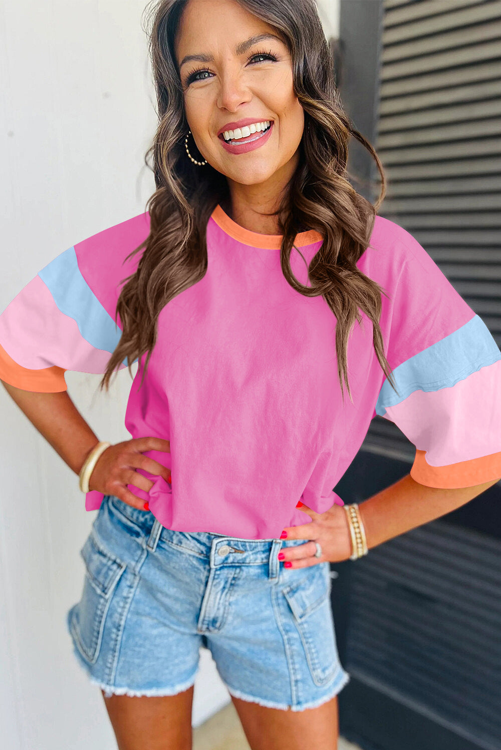Colorblock Cotton Tee Loose Crew Neck Short Sleeve
