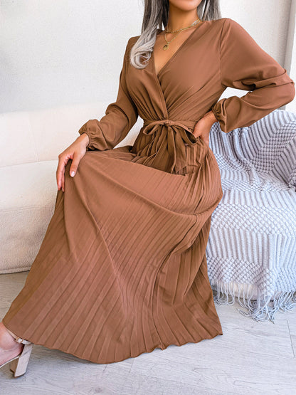 V-Neck Wrap Pleated Maxi Dress Long Sleeve Tie Waist