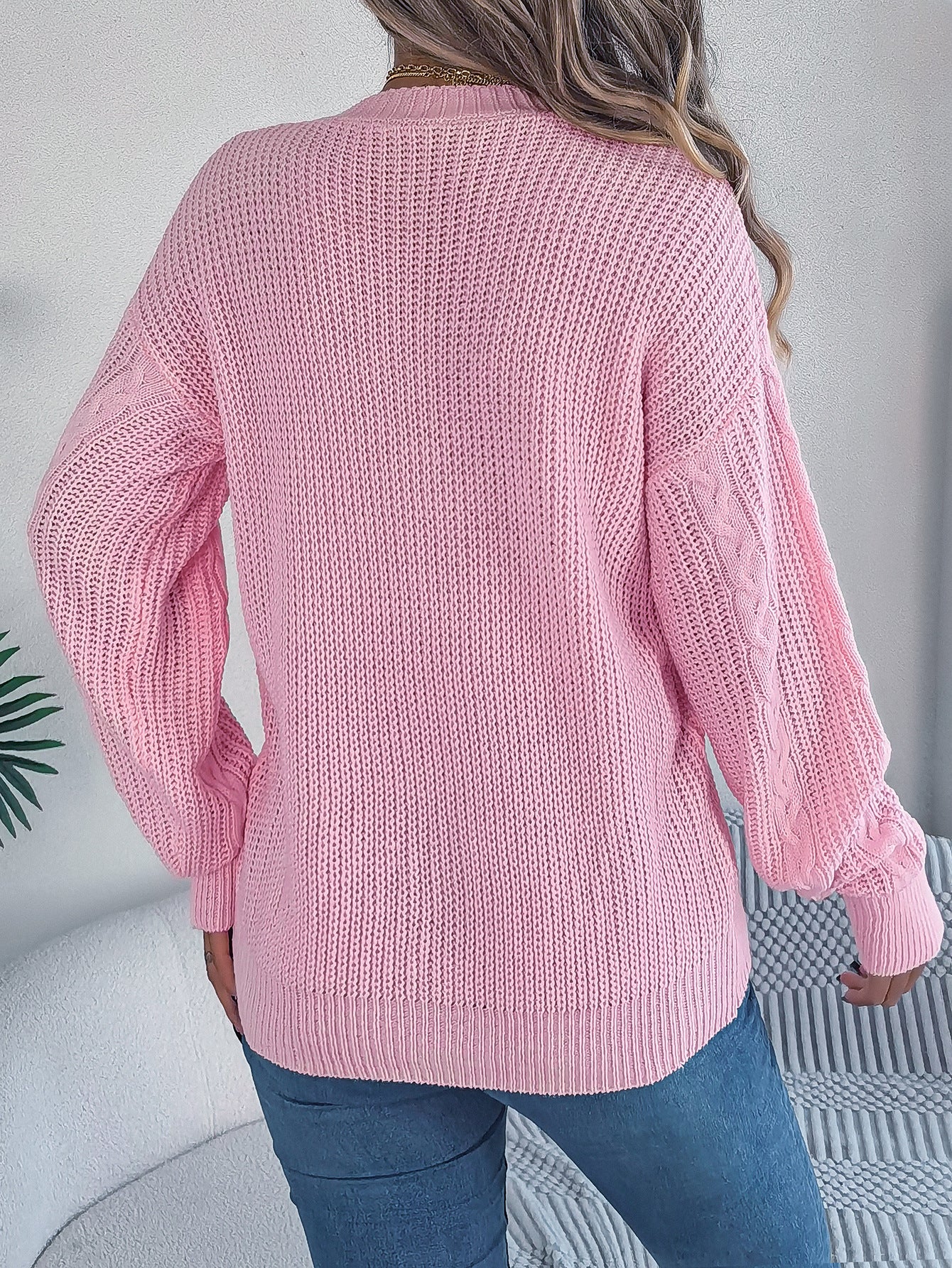 Fall Winter Cable Knit V Neck Lantern Sleeve Cardigan