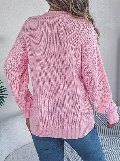 Fall Winter Cable Knit V Neck Lantern Sleeve Cardigan