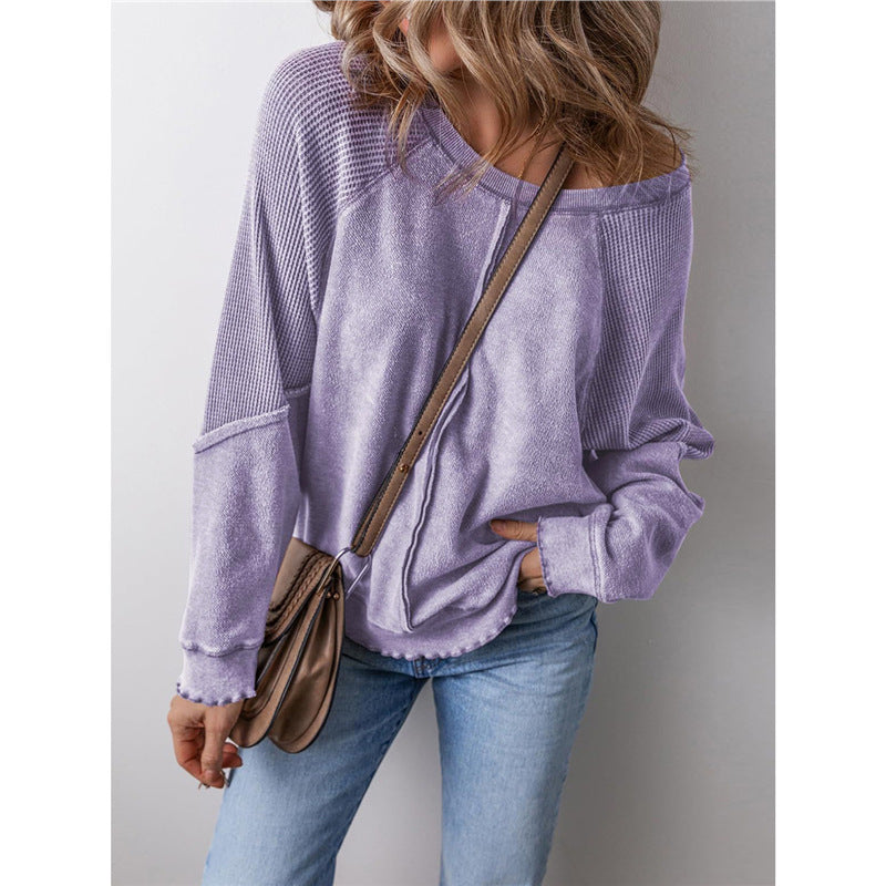 Oversized Patchwork Waffle Knit Crewneck Sweatshirt