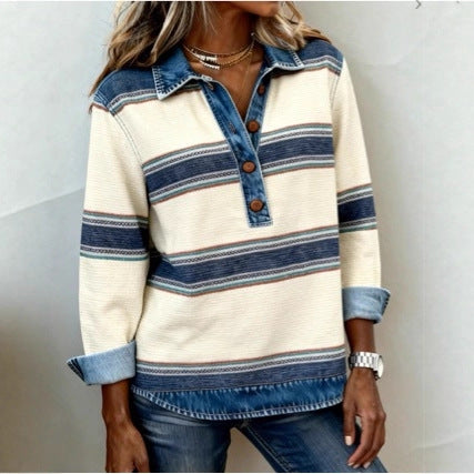 Women's Striped Waffle Knit Denim Collar Long Sleeve Top