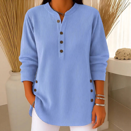 Corduroy Button Front Long Sleeve Henley Top