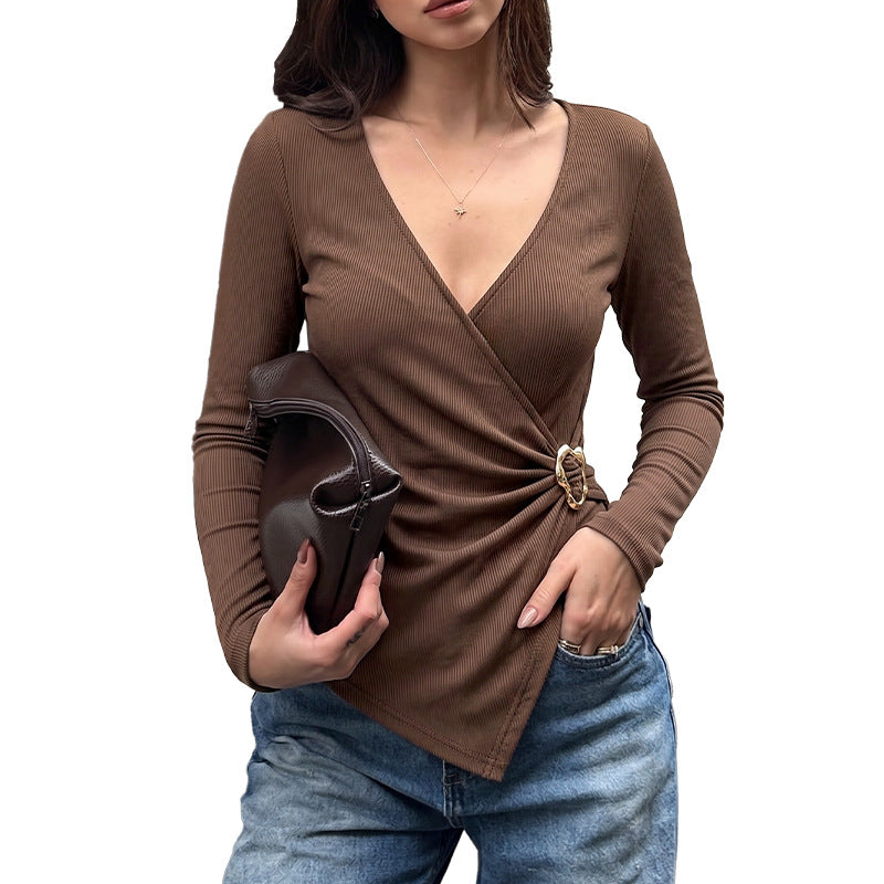 Women's V-Neck Ribbed Buckle Waist Long Sleeve Fitted Top
