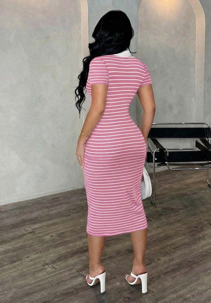 Polo Collar Stripe Bodycon Midi Dress Short Sleeve Casual