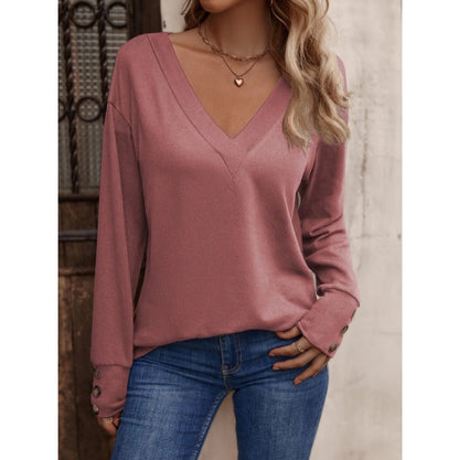V Neck Button Cuff Long Sleeve Blouse Women Casual Top